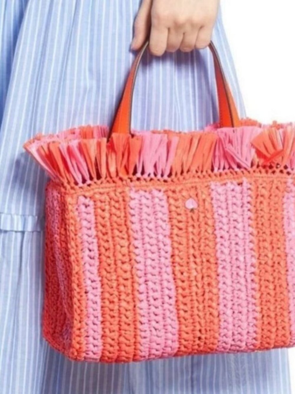 Kate Spade Sam Stripe Straw Medium Satchel / Juicy Orange